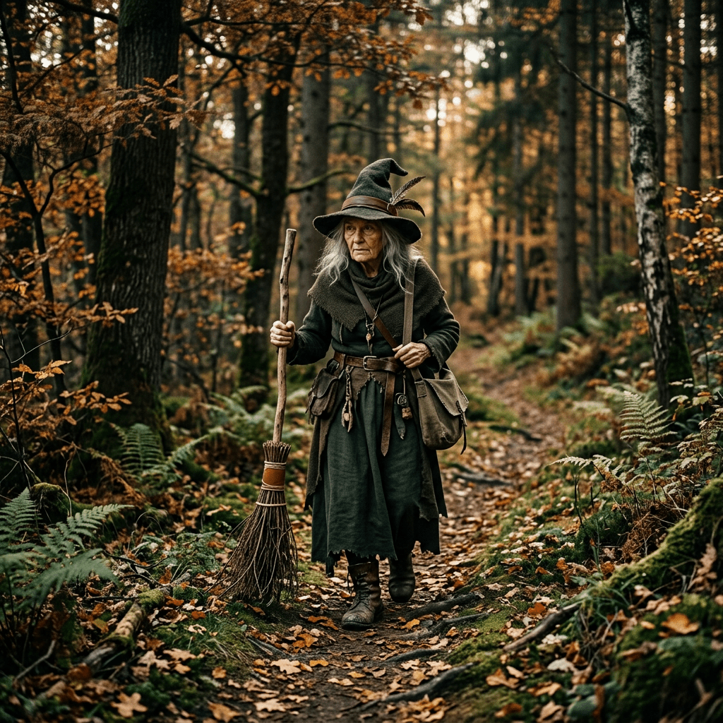 Elderly woman in witch costume holding broomstick walking on forest path
