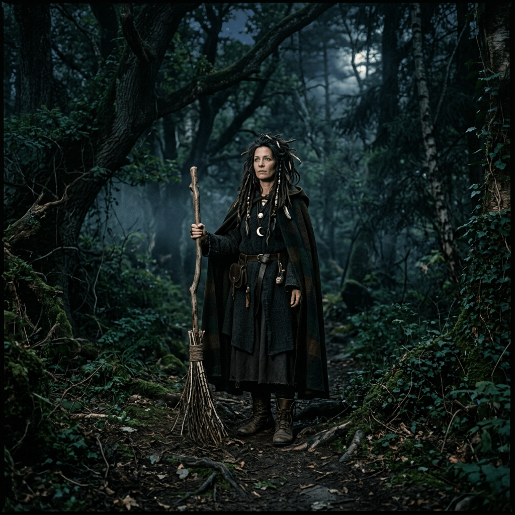 Woman in dark cloak with dreadlocks holding a broomstick in a dense forest at dusk